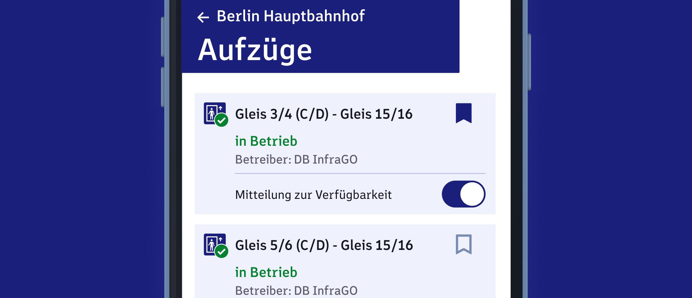 Blick die Aufzugsseite der Web-App von bahnhof.de